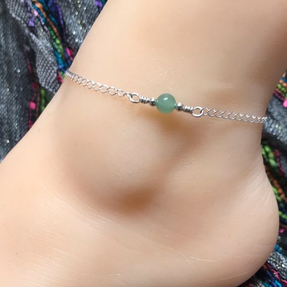 Green Aventurine Sterling Silver Ankle Bracelet- Green Aventurine Anklet - Picture 2 of 7